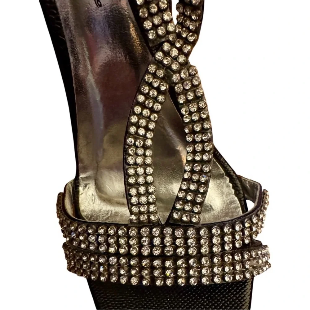 Wild Rose Black Rhinestone Open Toe Strappy Slingback Stiletto Sandals Size 8